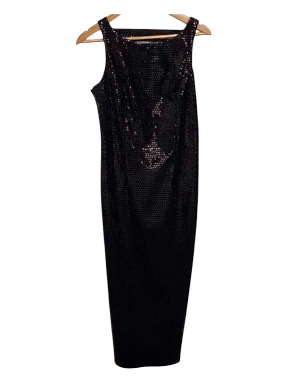 LORI Weidner design black maxi dress shinny sleeveless soirée luxury classic 8